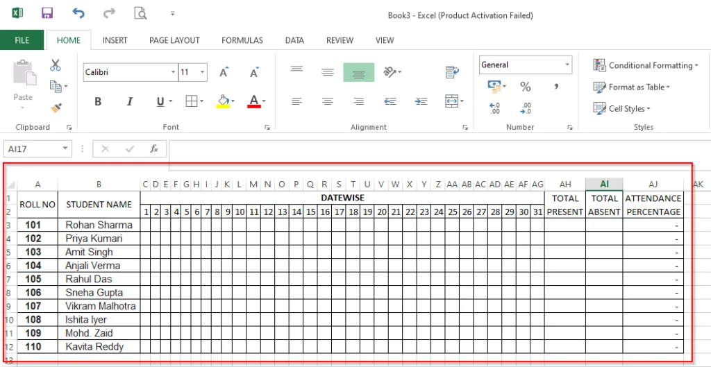 Excel मे attendance sheet कैसे बनाए